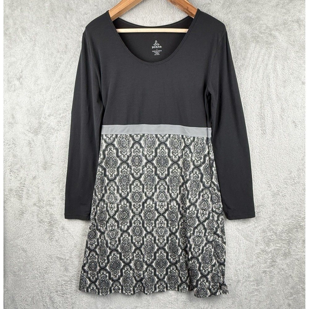 PrAna Dress Womens L Black Gray Print A-Line L/S Scoop Neck Stretch Active Logo